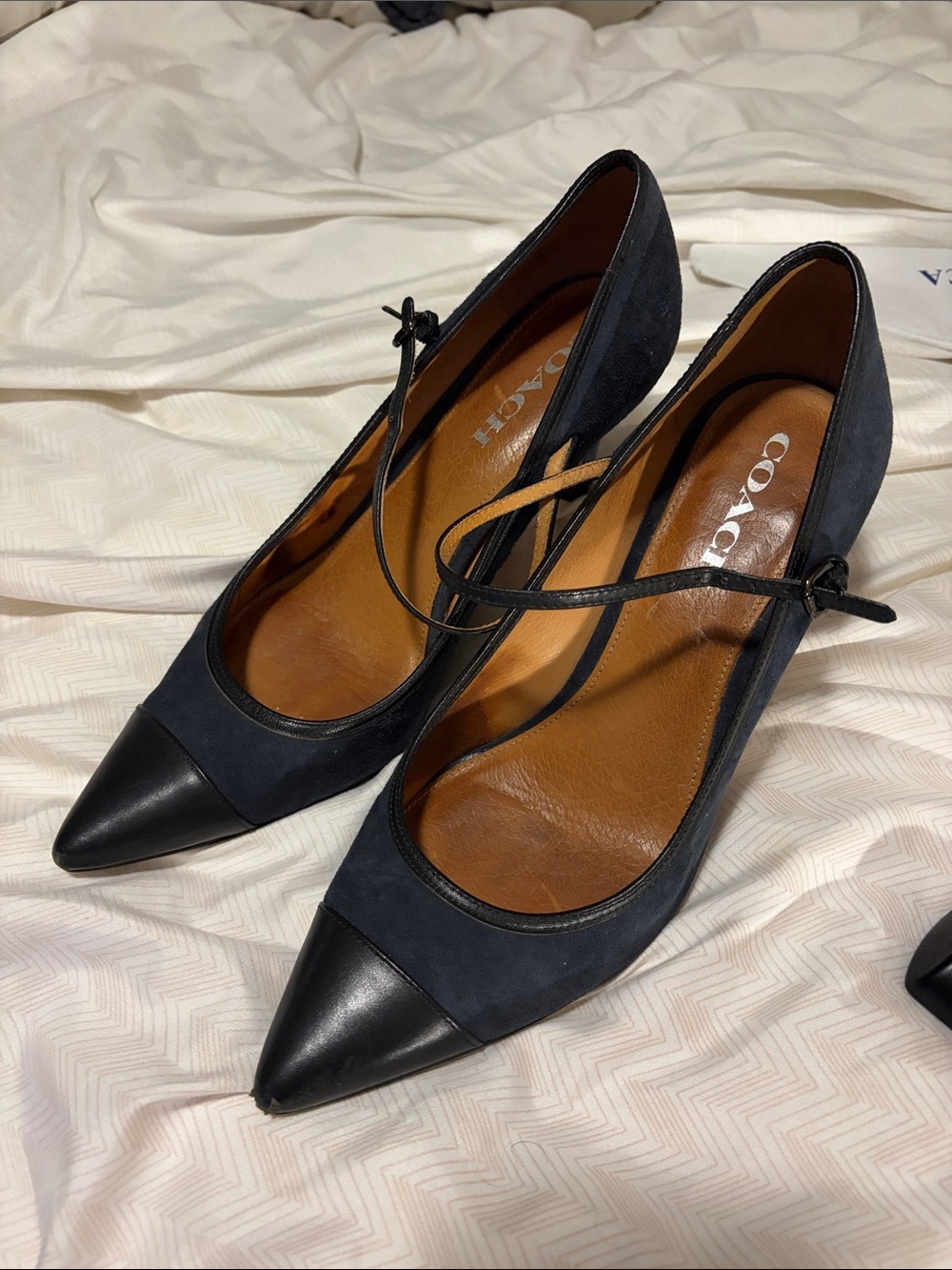 Coach Navy and Black Pointed Toe Ankle-Strap Pumps - 9